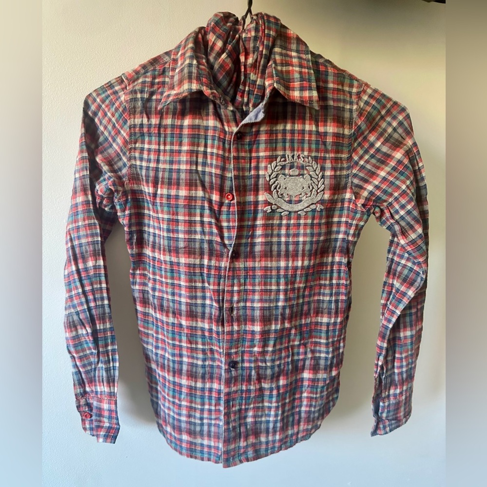 IKKS: Plaid Button-Up Shirt with Crest for Boy